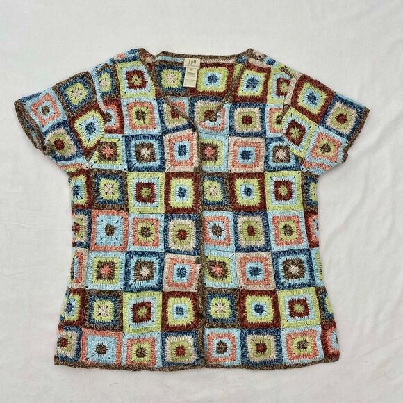 J Jill Patchwork Cardigan Sweater Womens XS Crochet Linen Blend Cottagecore - Picture 1 of 10